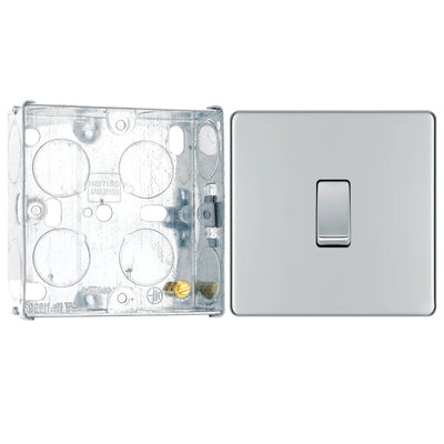 BG Screwless Polished Chrome 20A 16AX 2 Way Single Light Switch FPC12 with 25mm Steel Back Box by British General (BG-FPC12+HGS02)