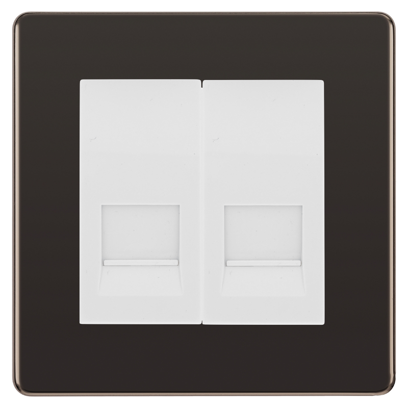BG Screwless Black Nickel Double Secondary Telephone Socket, Screw Terminal - White Insert