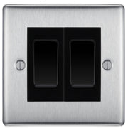 BG Nexus Brushed Steel 2-Gang Light Switch 1x 2-Way + 1x Intermediate – Black Inserts by British General (BG-Nexus-BS-2G-Combo-1x INT-1x 2WAY SP)