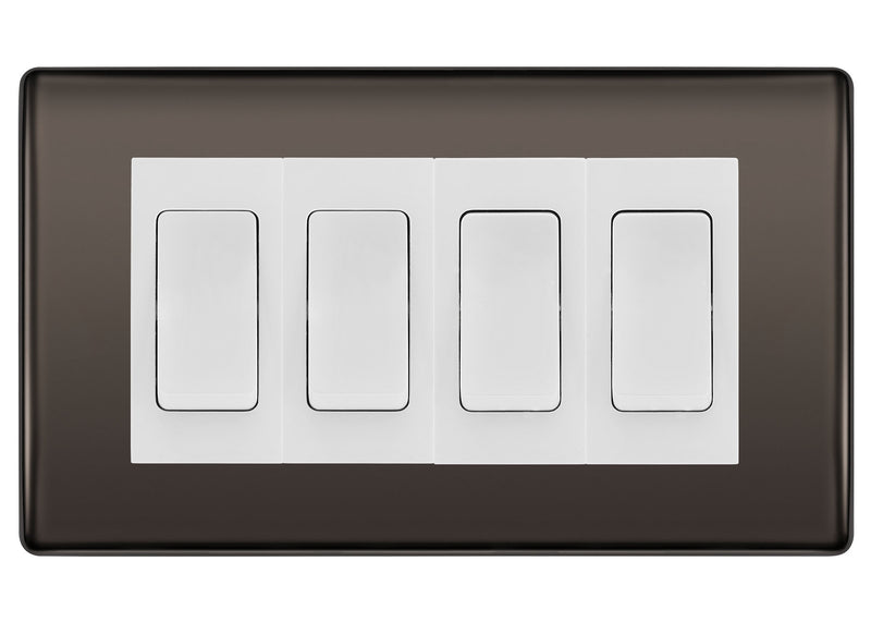 BG Nexus Black Nickel 4-Gang Light Switch 2x 2-Way + 2x Intermediate – White Inserts