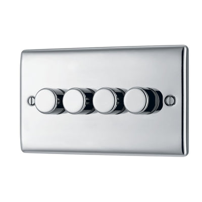 BG Nexus Polished Chrome 4 Gang 200W 2 Way Trailing Edge Push Type Dimmer Switch NPC84 with 35mm Steel Back Box