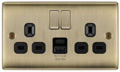 BG NAB22UAC12B Antique Brass Double Socket with USB 12W Type A & Type C USB