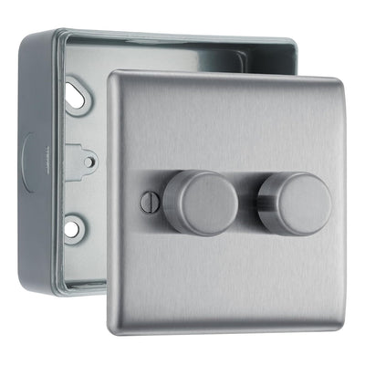 BG Nexus Brushed Steel 2-Way Double Trailing Edge Push Dimmer & Surface Pattress Back Box by British General (BG-NBS82+MC501)