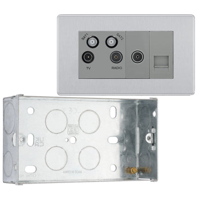BG Screwless Brushed Steel Quadplex TV FM SAT (x2) FBS69 with 35mm Steel Back Box