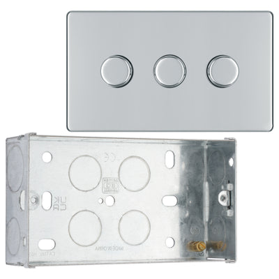 BG Screwless Polished Chrome 200W 2 Way Triple Trailing Edge Dimmer Switch FPC83 with 35mm Steel Back Box