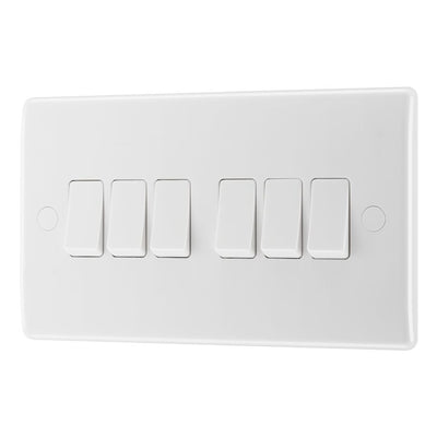 BG Nexus 6 Gang 20A 16AX 2 Way Wall Light Switch & 50mm Pattress Back Box