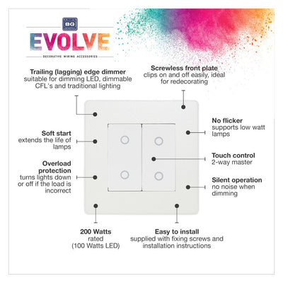 BG Evolve Pearlescent White Double Master Touch Dimmer Switch PCDCLTDM2W with 35mm Steel Back Box