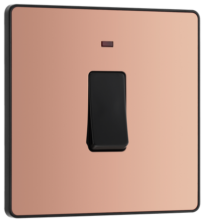 PCDCP31B Front - This Evolve Polished Copper 20A double pole switch with indicator from British General has been designed for the connection of refrigerators, water heaters, central heating boilers and many other fixed appliances.