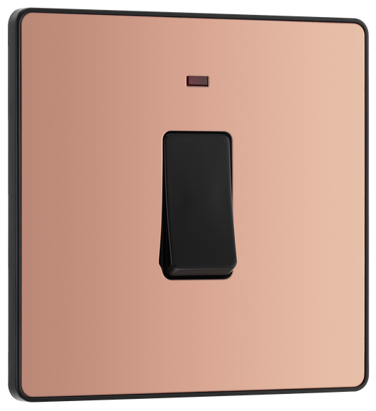 PCDCP31B Front - This Evolve Polished Copper 20A double pole switch with indicator from British General has been designed for the connection of refrigerators, water heaters, central heating boilers and many other fixed appliances.