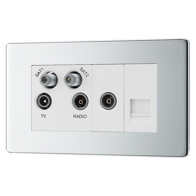 BG Screwless Polished Chrome Quadplex TV FM SAT (x2) FPC69 with 25mm Steel Back Box