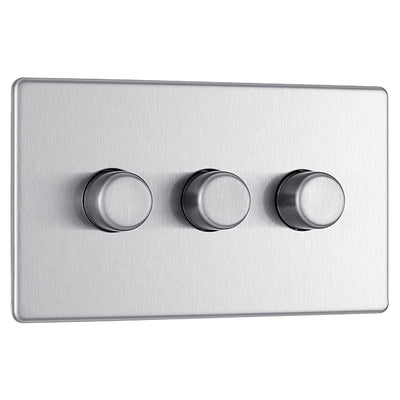 BG FBS83P Flatplate Screwless 3 Gang, 2 Way, 400w Brushed Steel Dimmer Switches