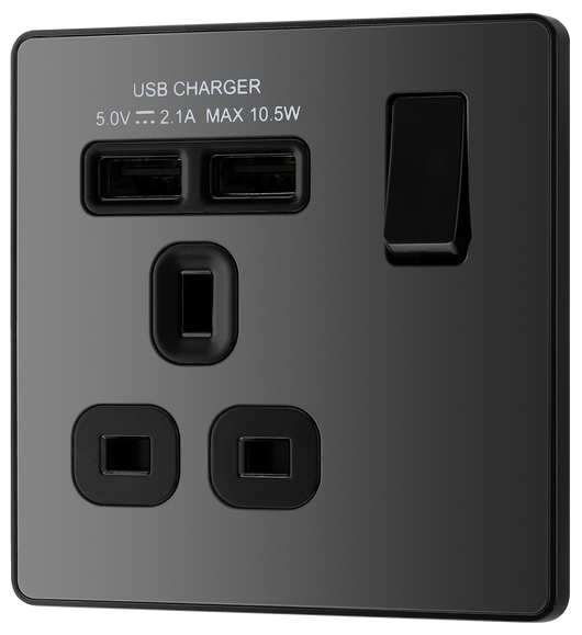 PCDBC21B Front - This Evolve Black Chrome 13A single switched socket from British General has been designed with angled in line colour coded terminals and backed out captive screws for ease of installation, and fits a 25mm back box making it an ideal retro-fit replacement for existing sockets.