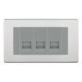 BG Screwless Brushed Steel 3 Gang Master Telephone Socket, Screw Terminal - Grey Insert