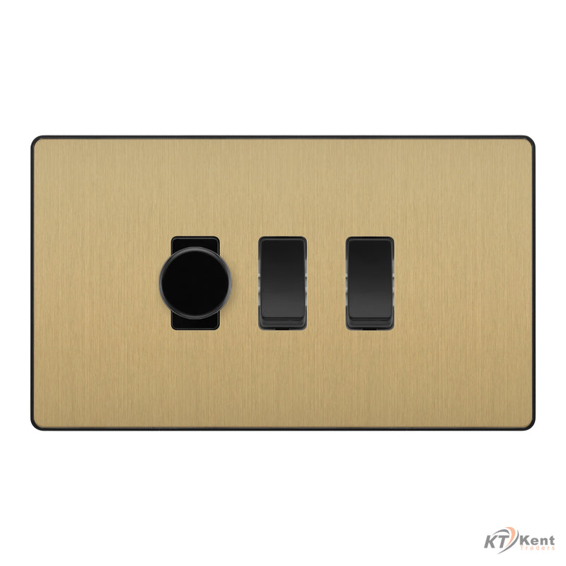 BG Evolve Satin Brass 3 Gang Switch 1x Trailing Edge LED Dimmer 2x Intermediate Custom Grid Switch