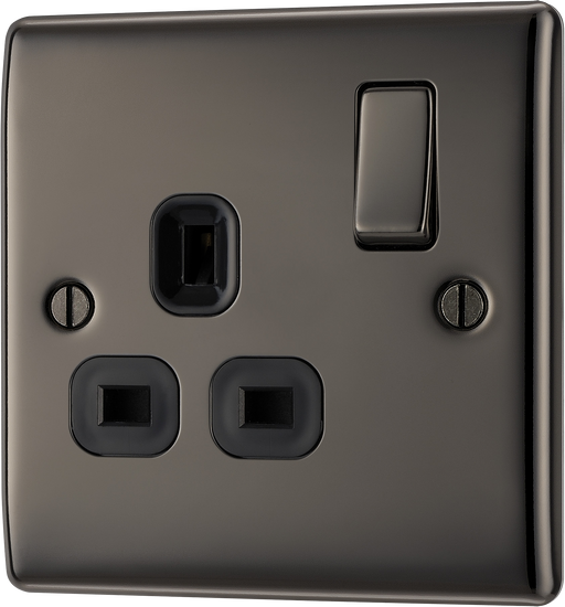 NBN21B Front - This black nickel finish 13A single switched socket from British General has a sleek and slim profile with softly rounded edges and no visible plastic around the switch to add a touch of luxury to your decor.