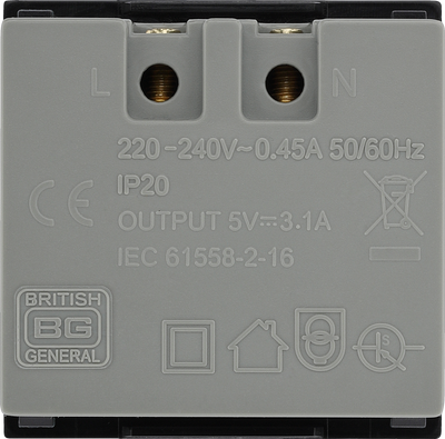 BG EMUSB3B Black 2x 3.1A USB-A 2 Module Euro Module USB Charger