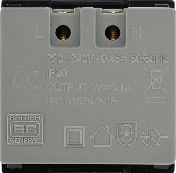 BG EMUSB3B Black 2x 3.1A USB-A 2 Module Euro Module USB Charger