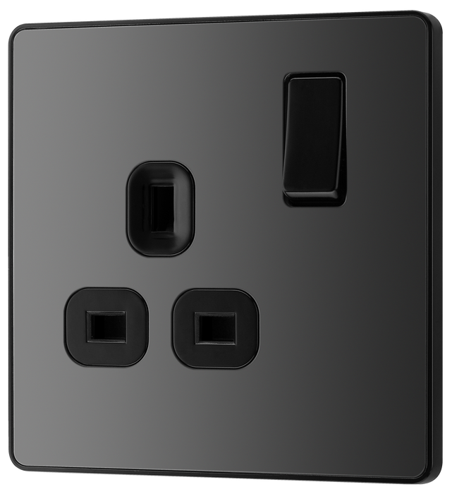PCDBC21B Front - This Evolve Black Chrome 13A single switched socket from British General has been designed with angled in line colour coded terminals and backed out captive screws for ease of installation, and fits a 25mm back box making it an ideal retro-fit replacement for existing sockets.