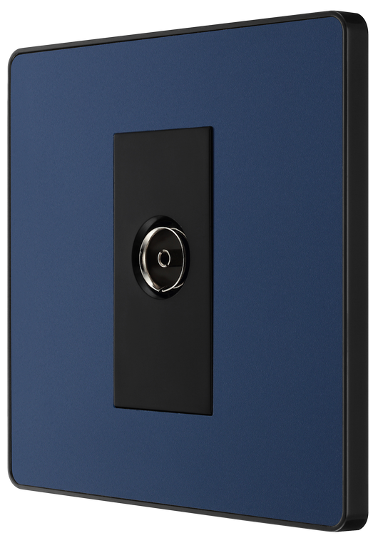 PCDDB60B Side - This Evolve Matt Blue single coaxial socket from British General can be used for TV or FM aerial connections. This socket has a low profile screwless flat plate that clips on and off, making it ideal for modern interiors.