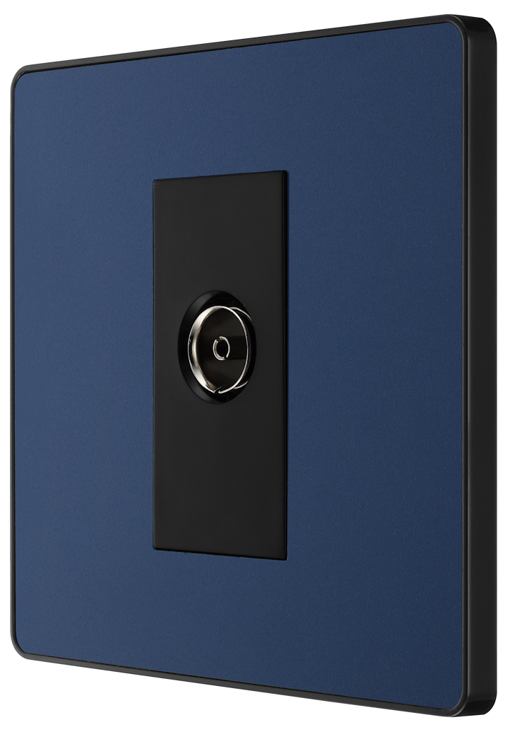 PCDDB60B Side - This Evolve Matt Blue single coaxial socket from British General can be used for TV or FM aerial connections. This socket has a low profile screwless flat plate that clips on and off, making it ideal for modern interiors.