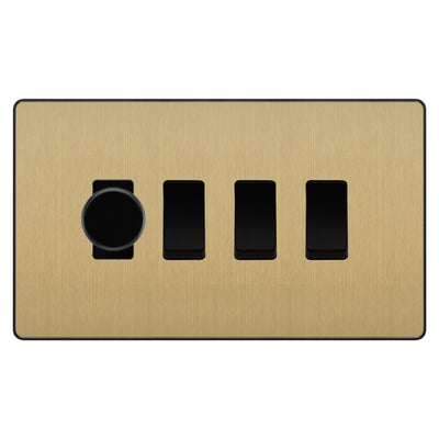 BG Evolve Satin Brass 4 Gang Light Switch 1x Trailing Edge LED Dimmer 3x 2 Way Custom Switch by British General (Evolve-SB-CUSTOM-4GANG-1xDIMMER-3x2WAY)
