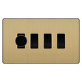 BG Evolve Satin Brass 4 Gang Light Switch 1x Trailing Edge LED Dimmer 3x 2 Way Custom Switch