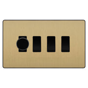 BG Evolve Satin Brass 4 Gang Light Switch 1x Trailing Edge LED Dimmer 3x 2 Way Custom Switch by British General (Evolve-SB-CUSTOM-4GANG-1xDIMMER-3x2WAY)