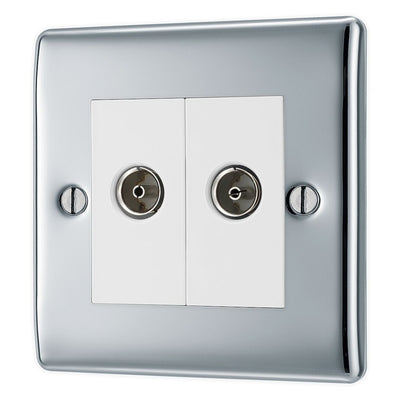 BG Nexus Polished Chrome 2 Gang Isolated Co-Axial Socket NPC63 with 35mm Steel Back Box