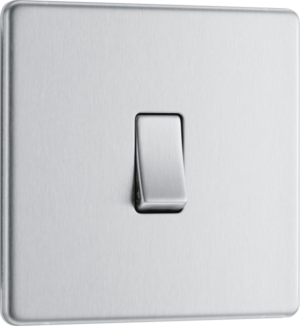 FBS12 Front - This Screwless Flat plate brushed steel finish 20A 16AX single light switch from British General will operate one light in a room. 