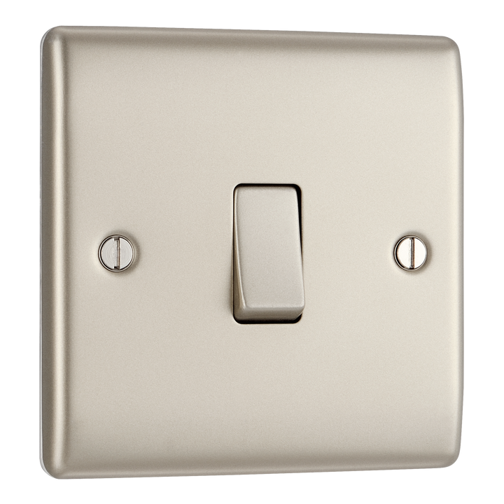 NPR13 Front - This pearl nickel finish 20A 16AX intermediate light switch from British General should be used as the middle switch when you need to operate one light from 3 different locations such as either end of a hallway and at the top of the stairs.