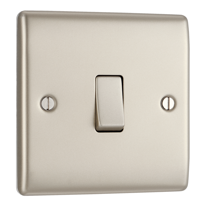 NPR13 Front - This pearl nickel finish 20A 16AX intermediate light switch from British General should be used as the middle switch when you need to operate one light from 3 different locations such as either end of a hallway and at the top of the stairs.