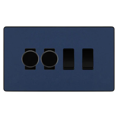 BG Evolve Matt Blue 4 Gang Switch 2x Trailing Edge LED Dimmer 2x Intermediate Custom Grid Switch by British General (BG-Evolve-DB-4G-CUSTOM-2x-Dimmer-2x-INT)