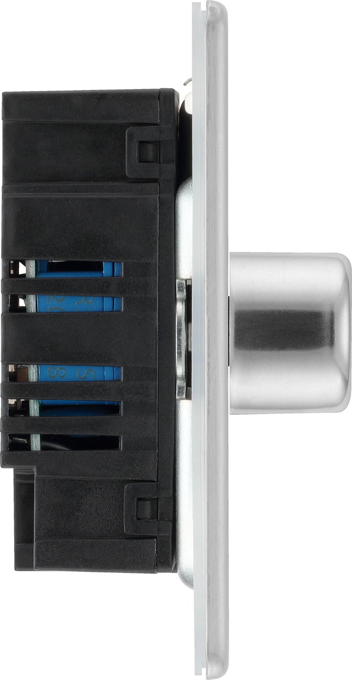 FBS82 Side - This trailing edge double dimmer switch from British General allows you to control your light levels and set the mood. The intelligent electronic circuit monitors the connected load and provides a soft-start with protection against thermal