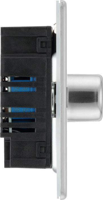 FBS82 Side - This trailing edge double dimmer switch from British General allows you to control your light levels and set the mood. The intelligent electronic circuit monitors the connected load and provides a soft-start with protection against thermal