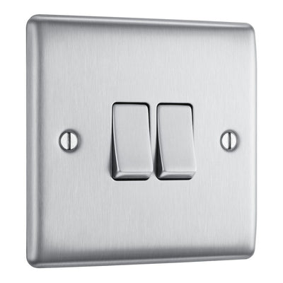 BG Nexus Brushed Steel 20A 16AX 2 Way Double Light Switch NBS42 with 25mm Steel Back Box