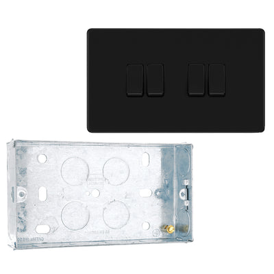 BG Screwless Matt Black 20A 16AX 2 Way Quadruple Light Switch FFB44 with 25mm Steel Back Box