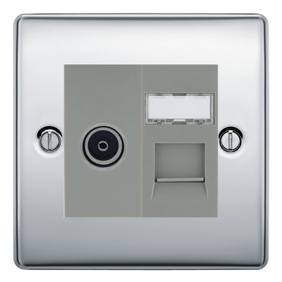 BG Nexus Polished Chrome TV Aerial & RJ45 CAT6 Data Socket - Grey Insert by British General
