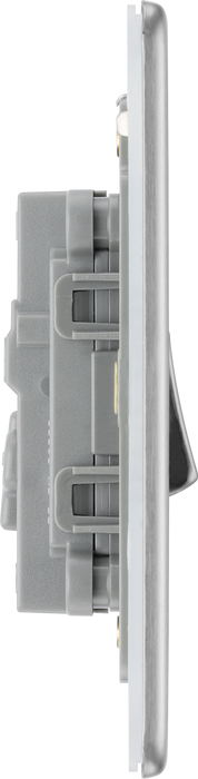 FBS13 Side - This Screwless Flat plate brushed steel finish 20A 16AX intermediate light switch from British General should be used as the middle switch when you need to operate one light from 3 different locations such as either end of a hallway and at the top of the stairs.