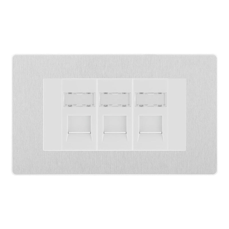 BG Evolve Brushed Steel 3 Gang RJ45 Cat6 Data Socket Outlet White Inserts