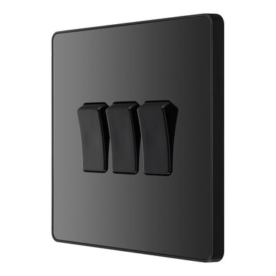 BG Evolve Black Chrome 3 Gang 20A 16AX 2 Way Light Switch PCDBC43B with 35mm Steel Back Box