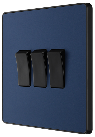 BG PCDDB43B Matt Blue Evolve 3 Gang 20A 16AX 2 Way Light Switch - Black Insert