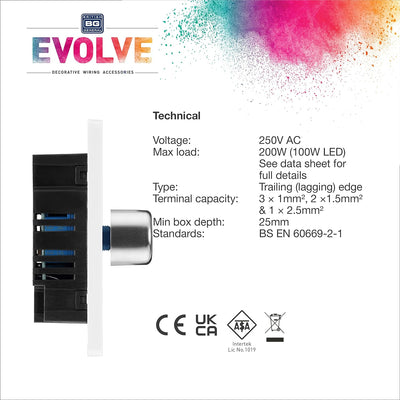 BG PCDBS82W Brushed Steel Evolve 2 Gang 200W Intelligent Trailing Edge Dimmer Switch - White Insert