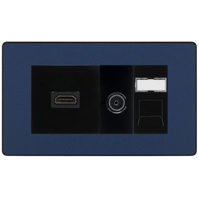 BG Evolve Media Wall Plate — TV Aerial, HDMI & CAT6 | Matt Blue Screwless by British General