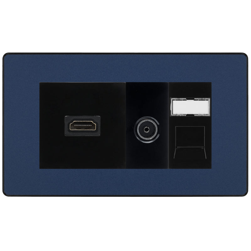 BG Evolve Media Wall Plate — TV Aerial, HDMI & CAT6 | Matt Blue Screwless