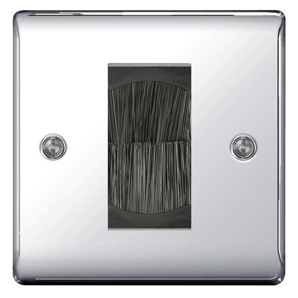 BG Polished Chrome Single 1 Gang Brush Cable Entry Wall Plate Black