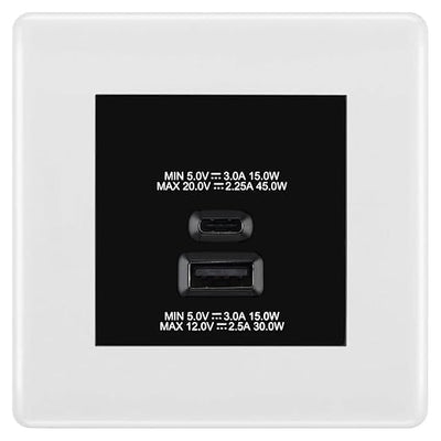 BG Nexus White 45W USB Wall Socket Euro Module USB-A & C - Black Insert by British General (BG-8EMS2+EMUSBAC45B)