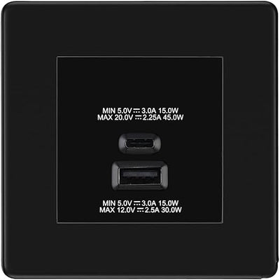 BG Screwless Matt Black 45W USB Wall Socket Euro Module USB-A & C - Black Insert by British General (BG-FFBEMS2+EMUSBAC45B)