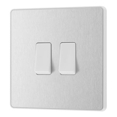 BG Evolve Brushed Steel 2 Gang 20A 16AX 2 Way Light Switch PCDBS42W with 35mm Steel Back Box
