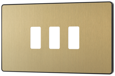BG RPCDSB3B Evolve Grid Satin Brass 3 Module Rectangular Front Plate - Black Trim