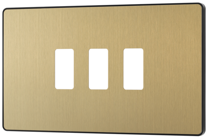 RPCDSB3B Front - The Grid modular range from British General allows you to build your own module configuration with a variety of combinations and finishes. This satin brass finish Evolve front plate clips on for a seamless finish, and can accommodate 3 Grid modules - ideal for switches and other domestic applications.